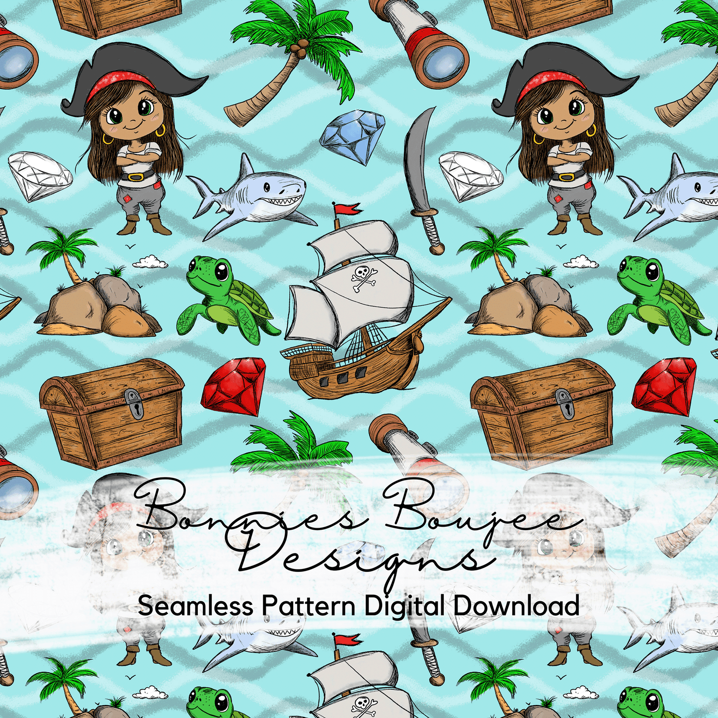 Cute Pirate Life for Girls Hand Drawn Seamless File - 3 colorways