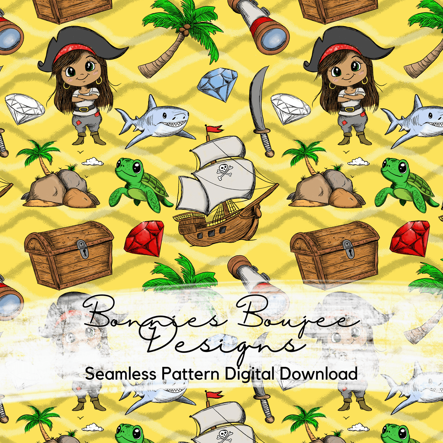 Cute Pirate Life for Girls Hand Drawn Seamless File - 3 colorways