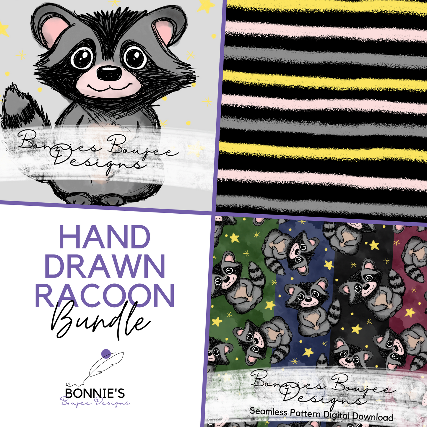 Cute Racoon with Stars Hand Drawn Bundle Purchase