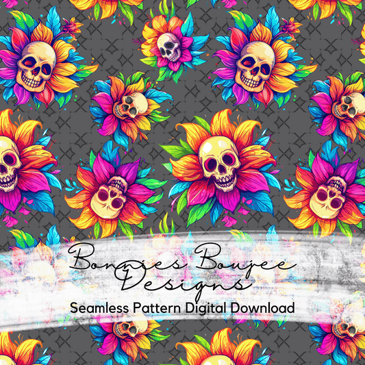 Rainbow Flower Skulls on a Dark Background Seamless File