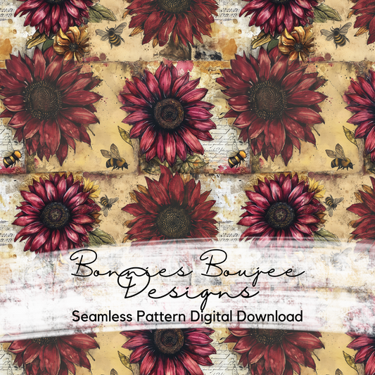 Red Sunflower and Bee Rustic Textured Seamless File