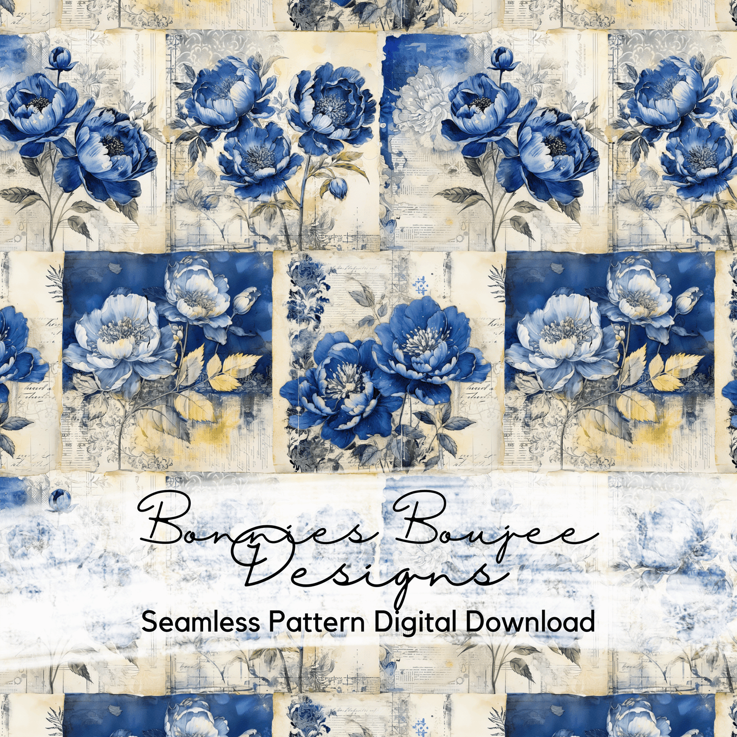 Blue Painted Flowers Rustic Textured Seamless File