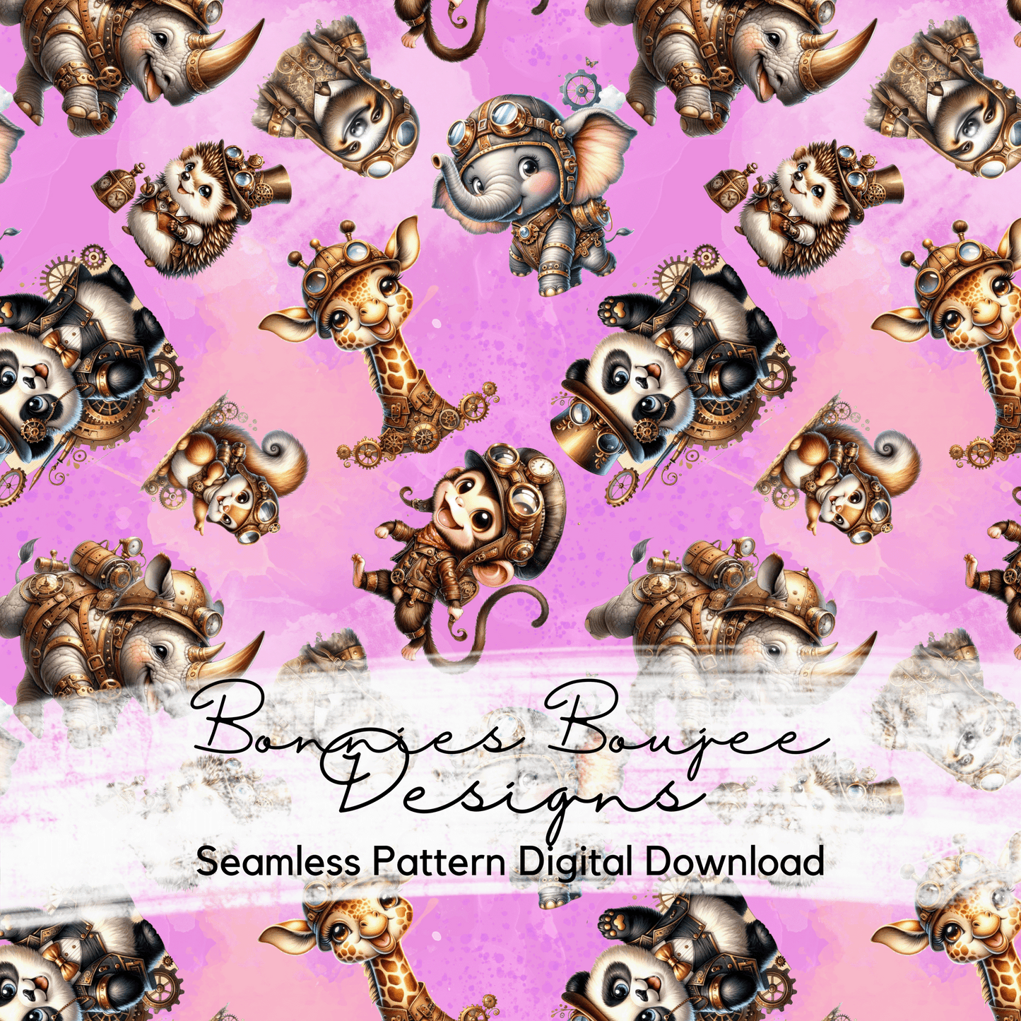 Steampunk Baby Animals Seamless File with three Colorways
