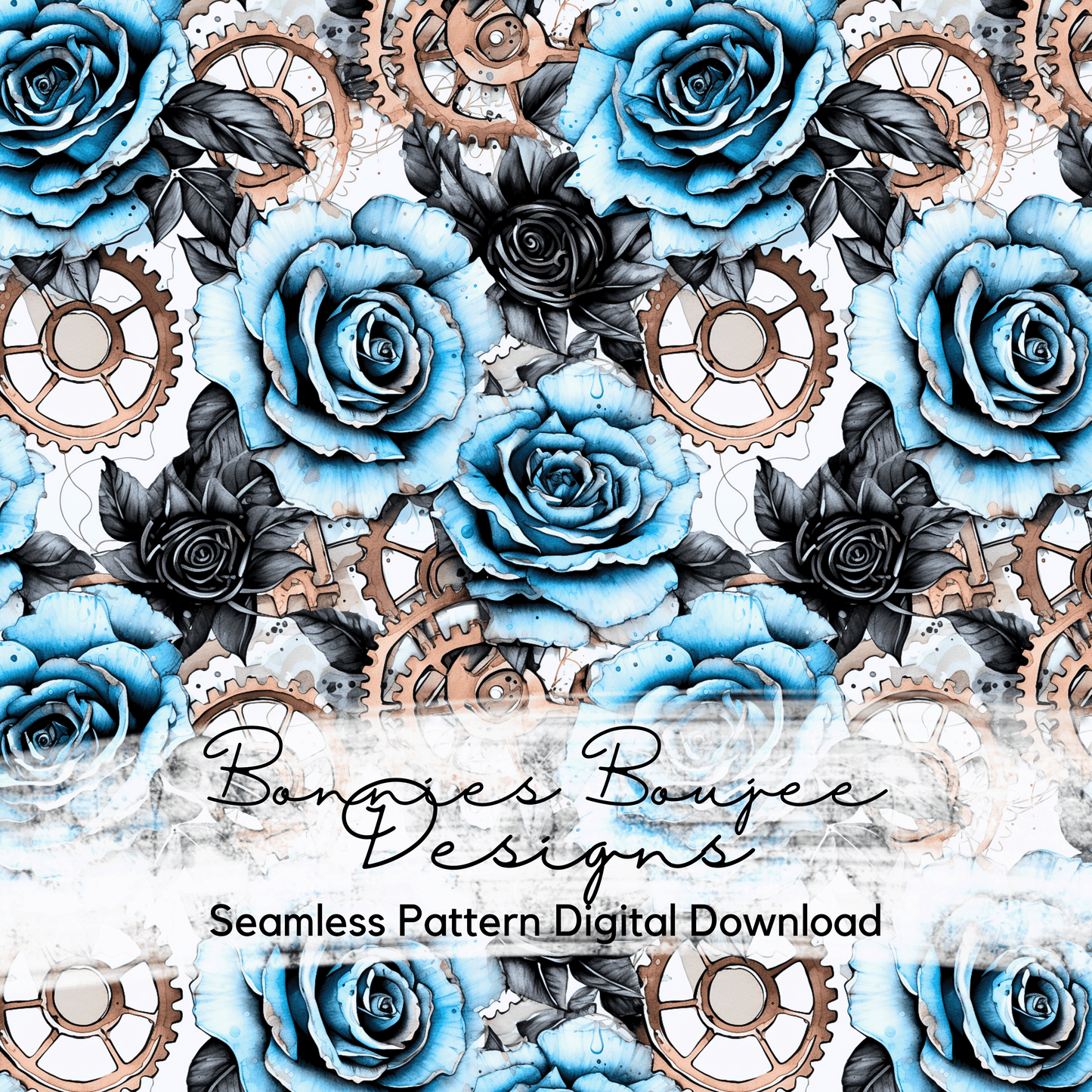 Blue Roses and Steampunk Gears Seamless File