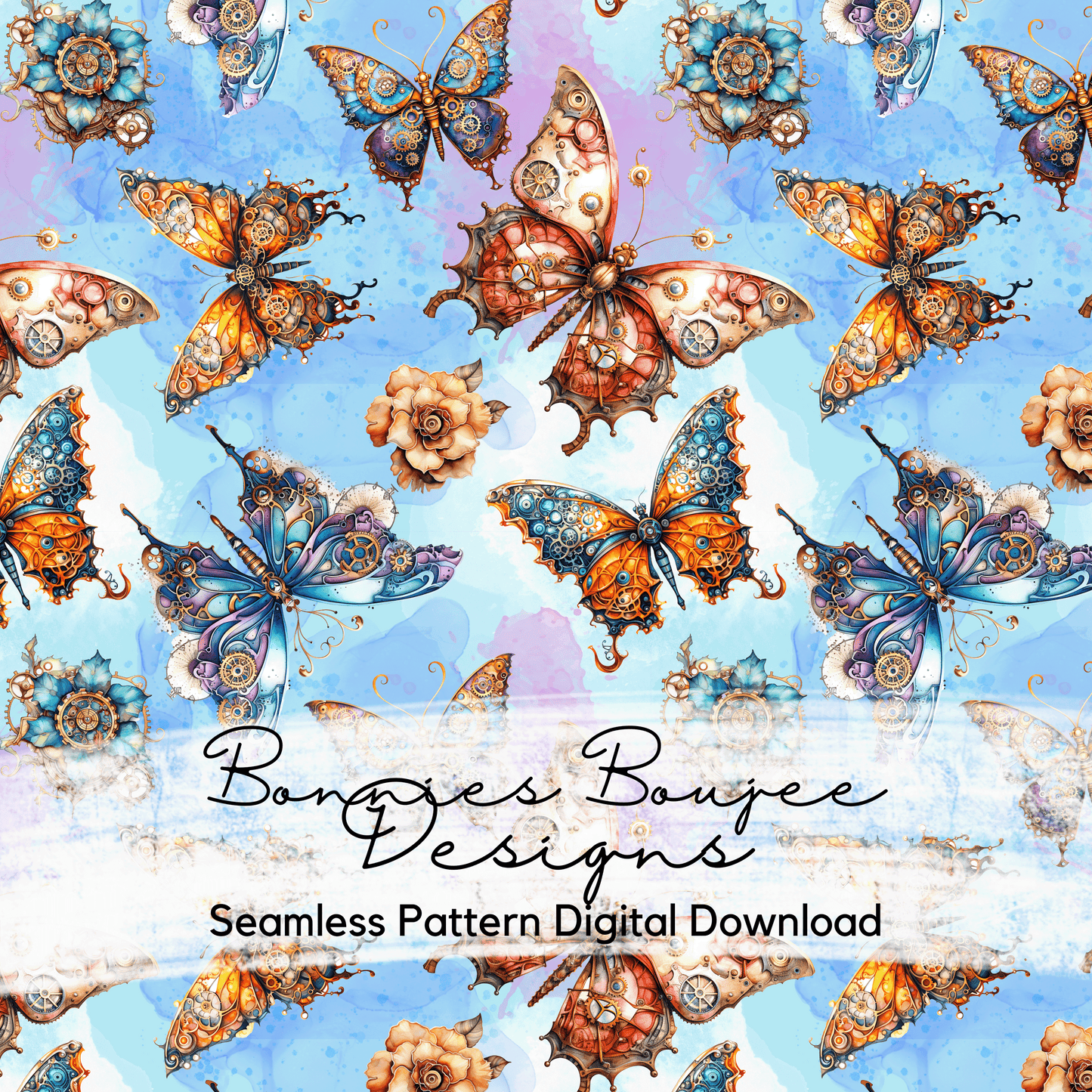Steampunk Butterflies on Blue and Purple Background Seamless File