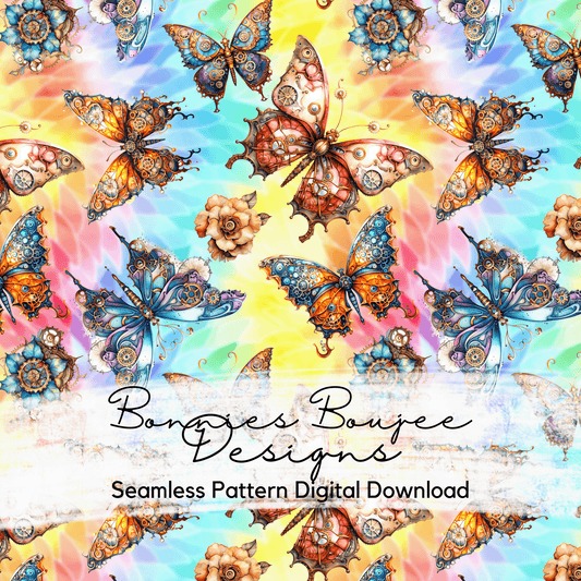 Steampunk Butterflies on Rainbow Watercolor Background Seamless File
