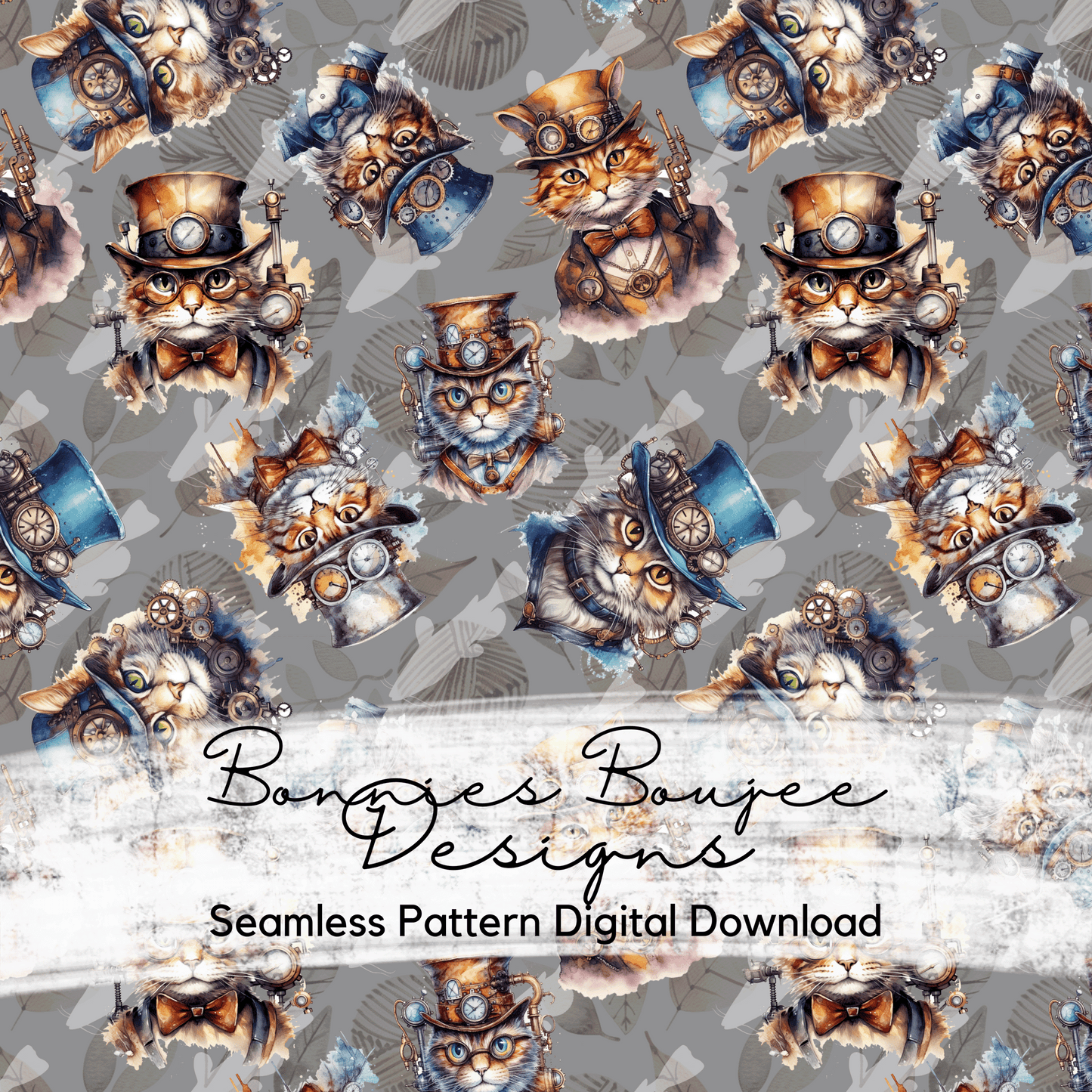 Steampunk Cats Watercolor Seamless File with three Colorways