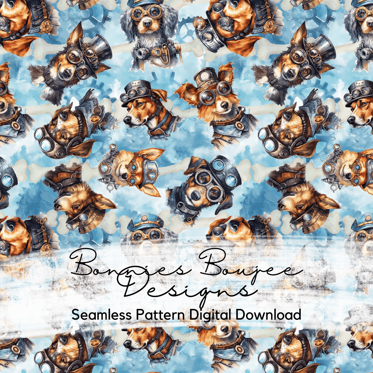 Steampunk Dogs Watercolor Seamless File with three Colorways