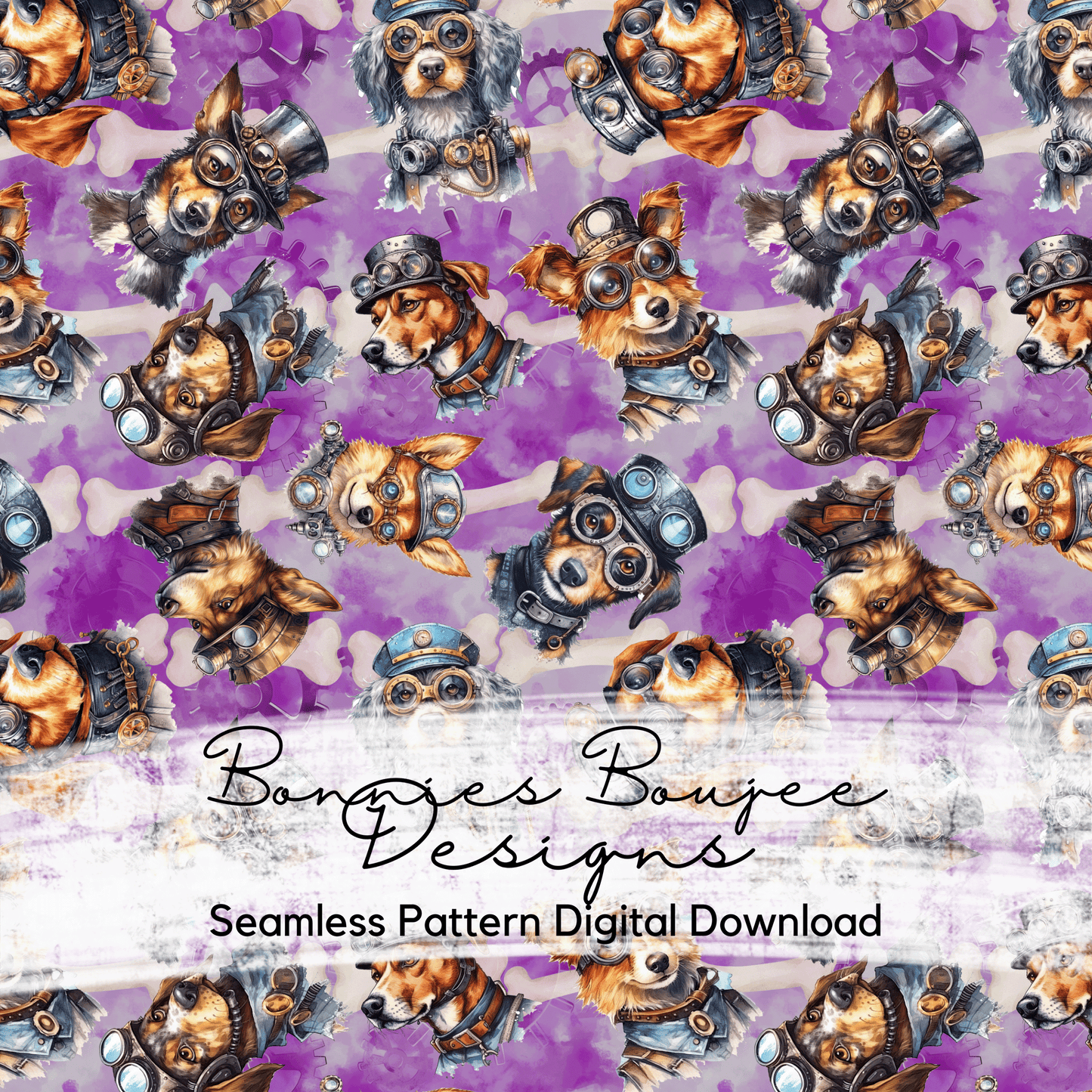 Steampunk Dogs Watercolor Seamless File with three Colorways