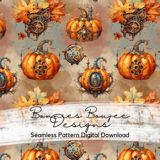 Steampunk Pumpkin and Fall Leaves Seamless File