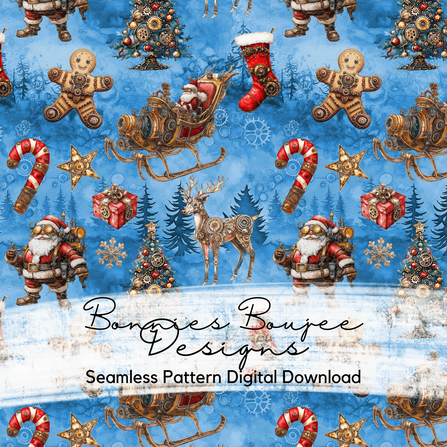 Steampunk Santa and Sleigh Seamless File with Three Colorways