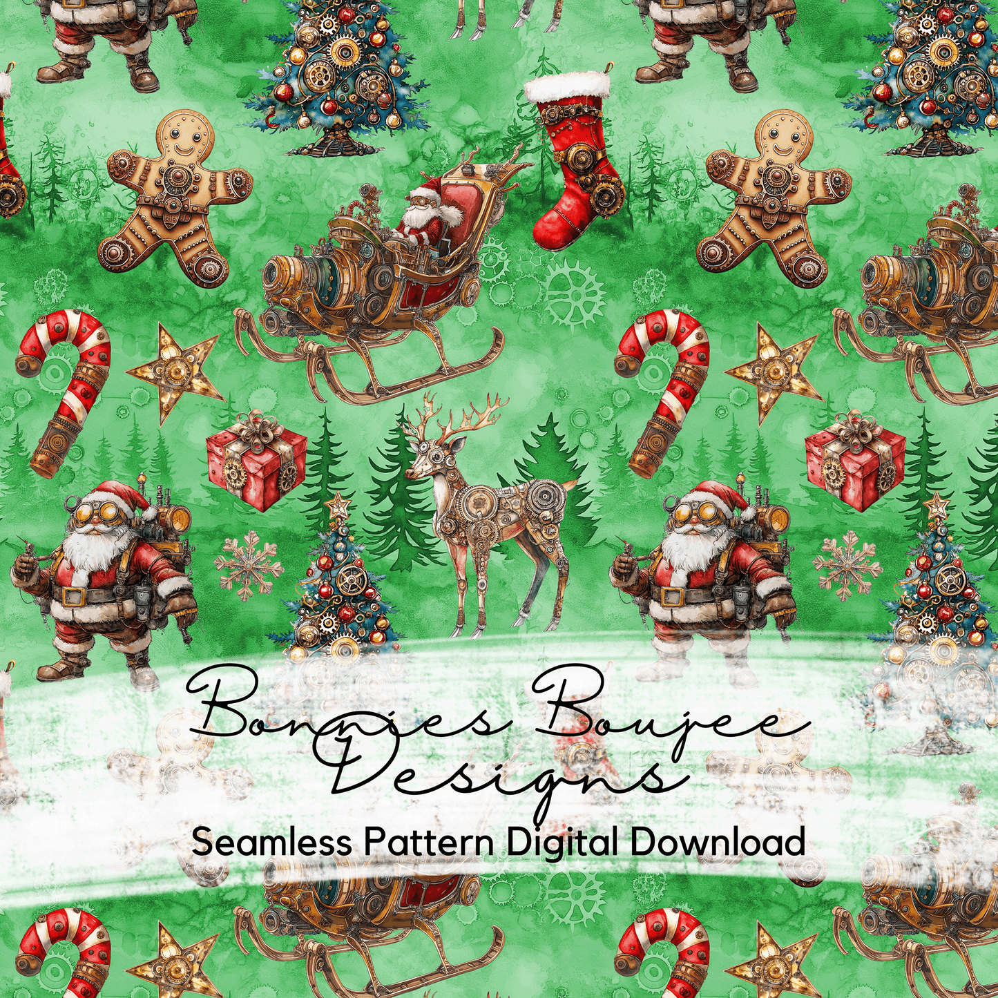 Steampunk Santa and Sleigh Seamless File with Three Colorways