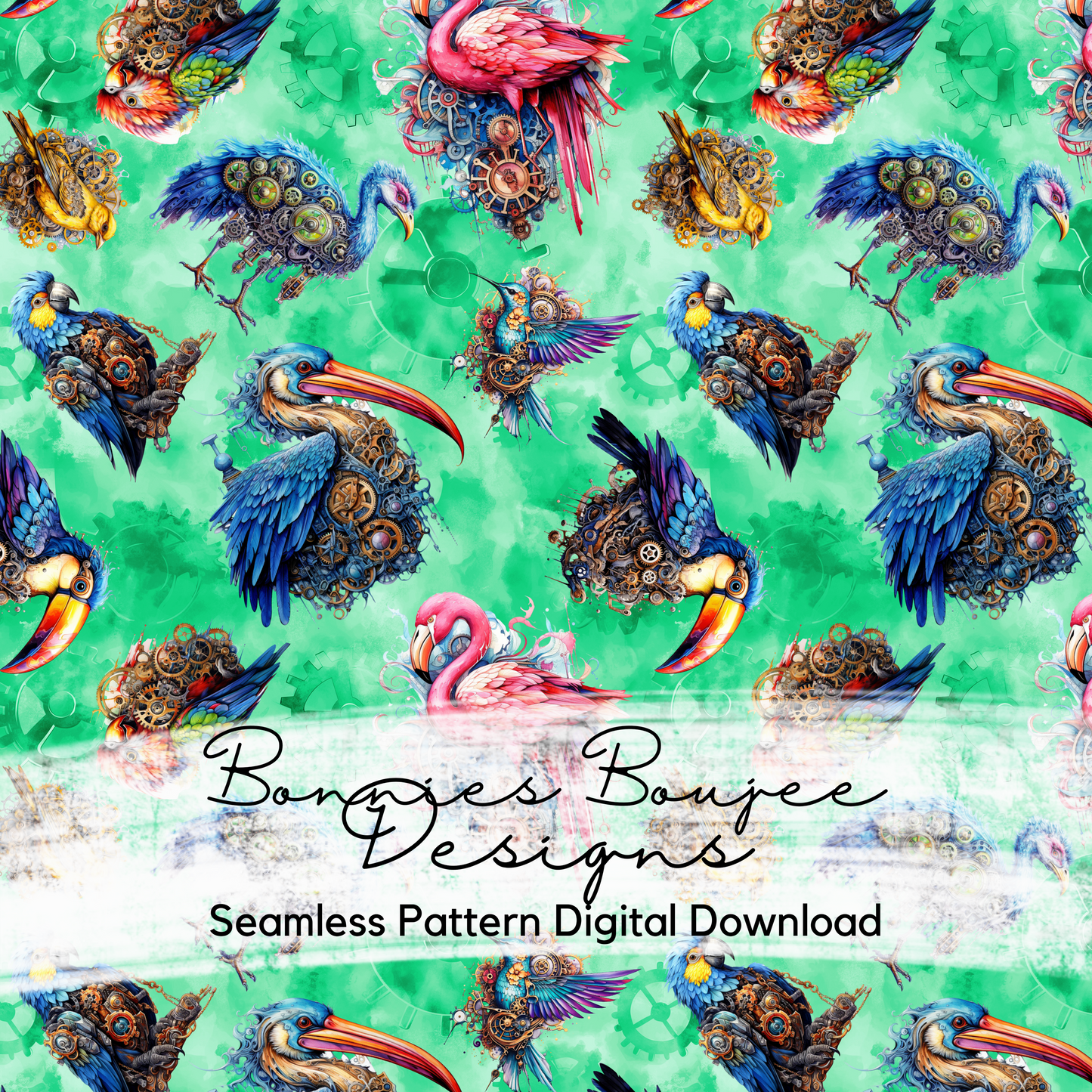 Steampunk Tropical Birds, Flamingo, Toucan, Watercolor Seamless File