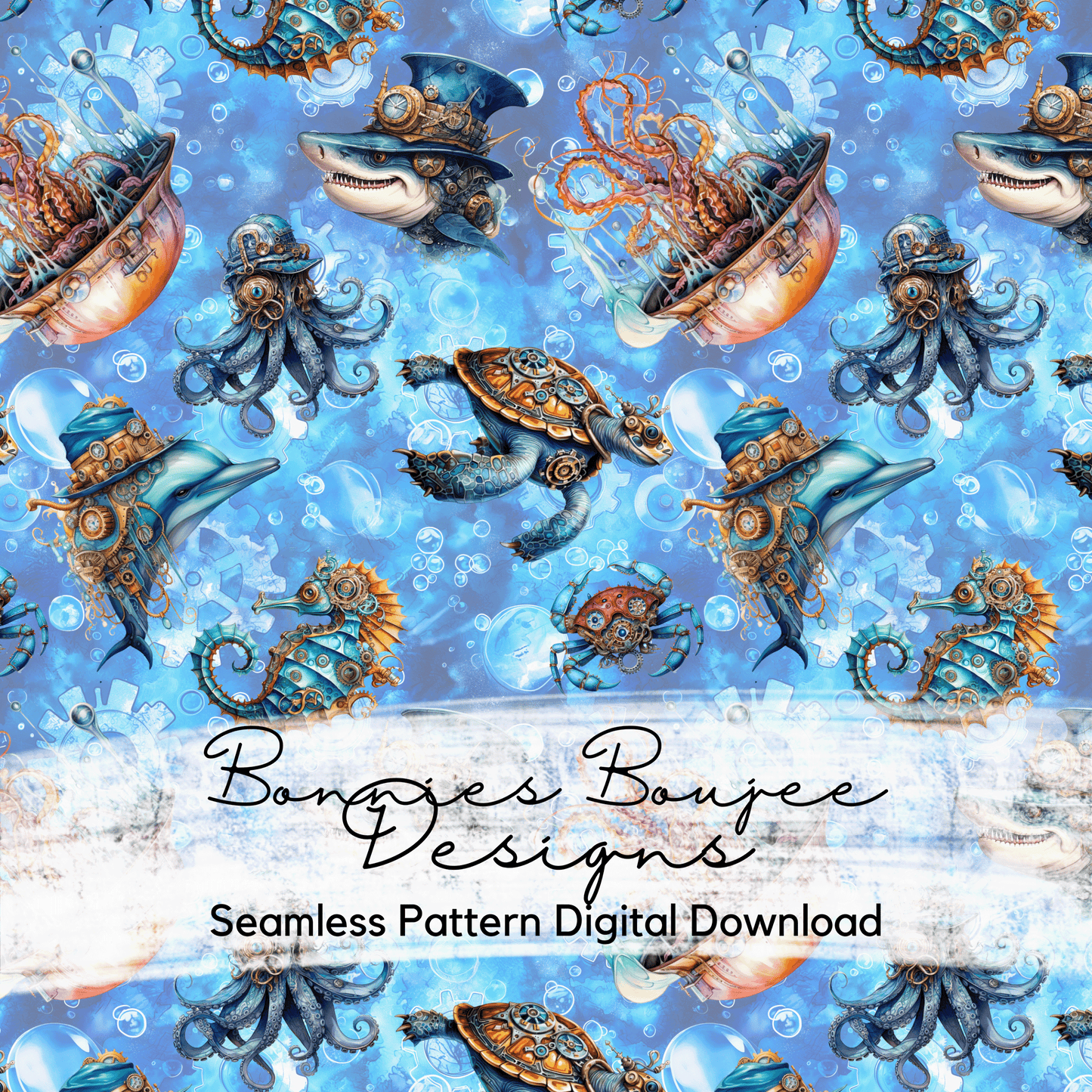 Steampunk Ocean Animals, Sea Turtle, Jellyfish Watercolor Seamless File