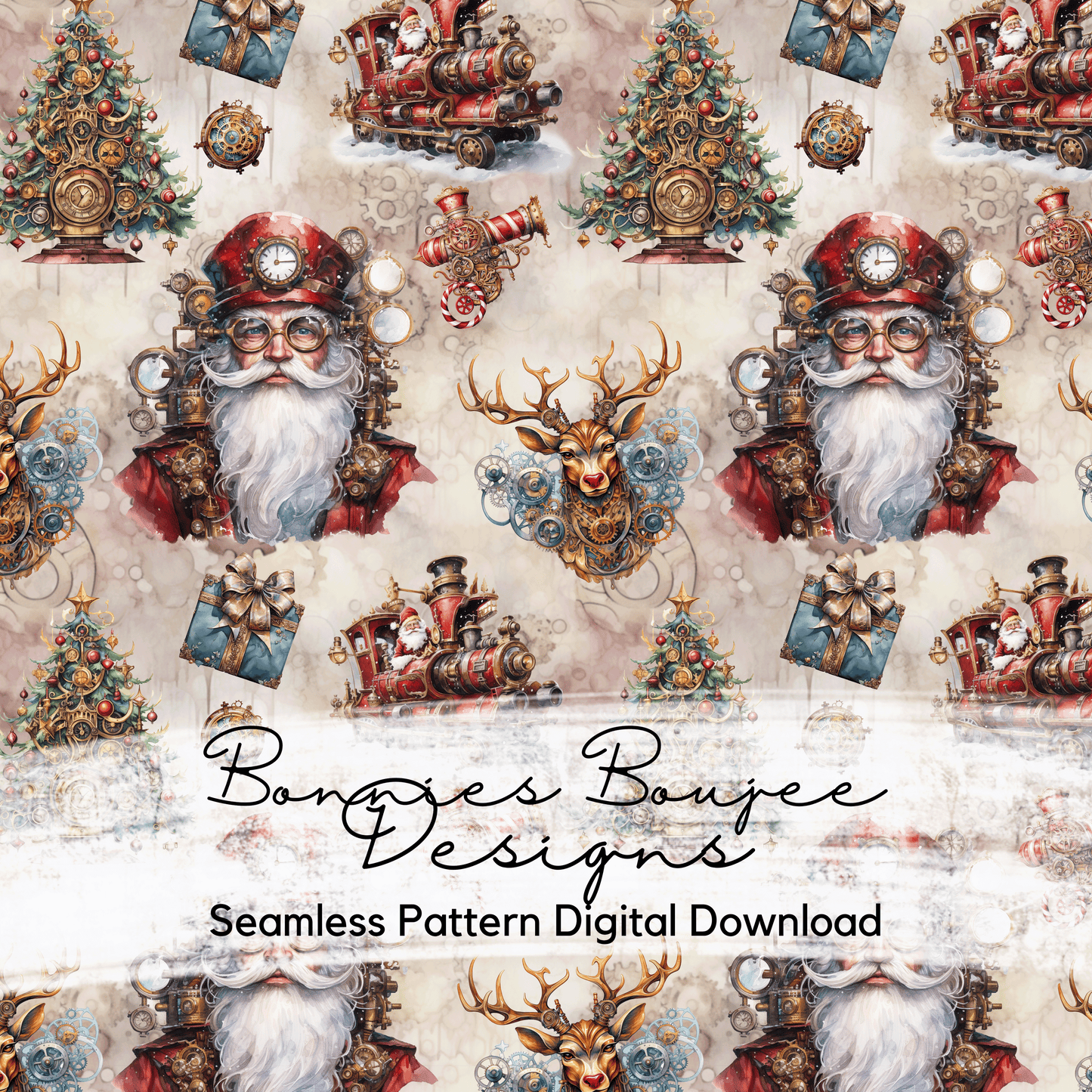 Steampunk Santa in Watercolor Style Seamless File