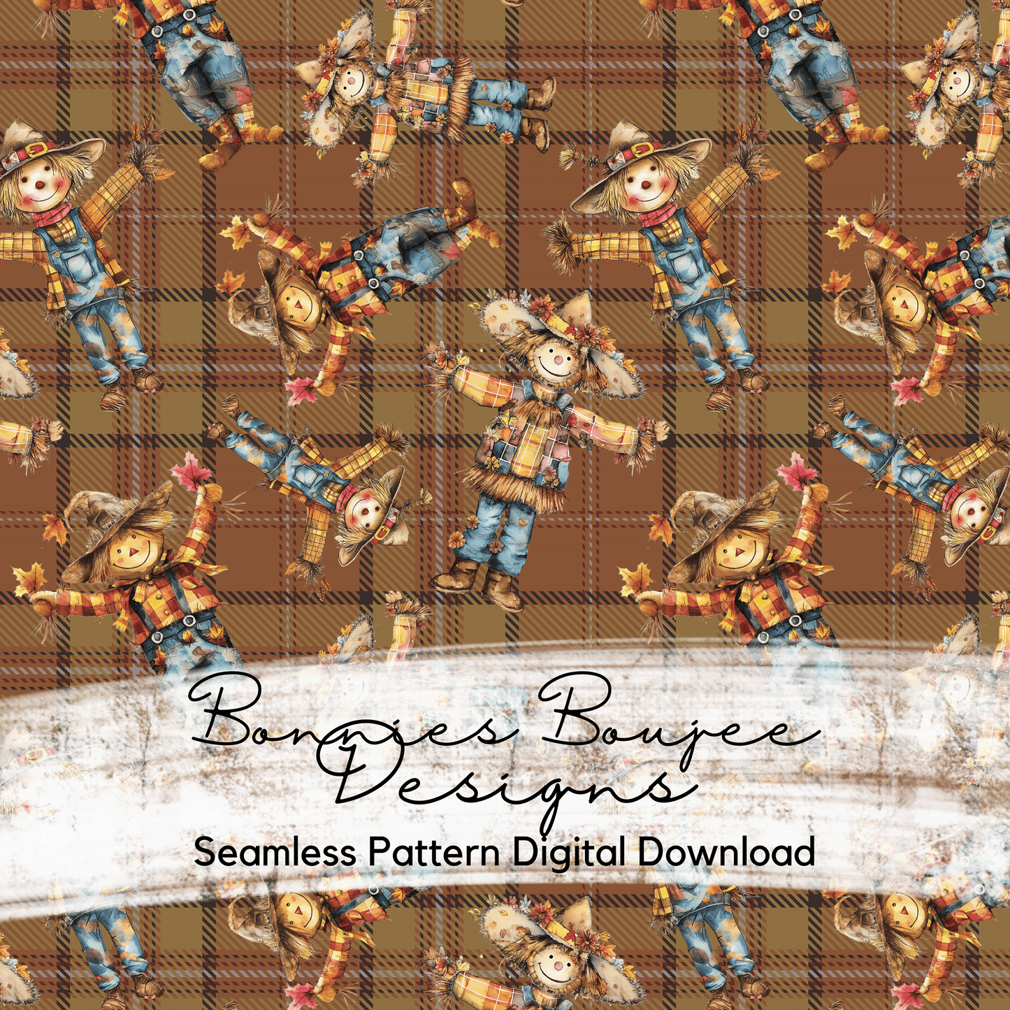 Cute Scarecrows on Fall Plaid Seamless File - Two Colorways