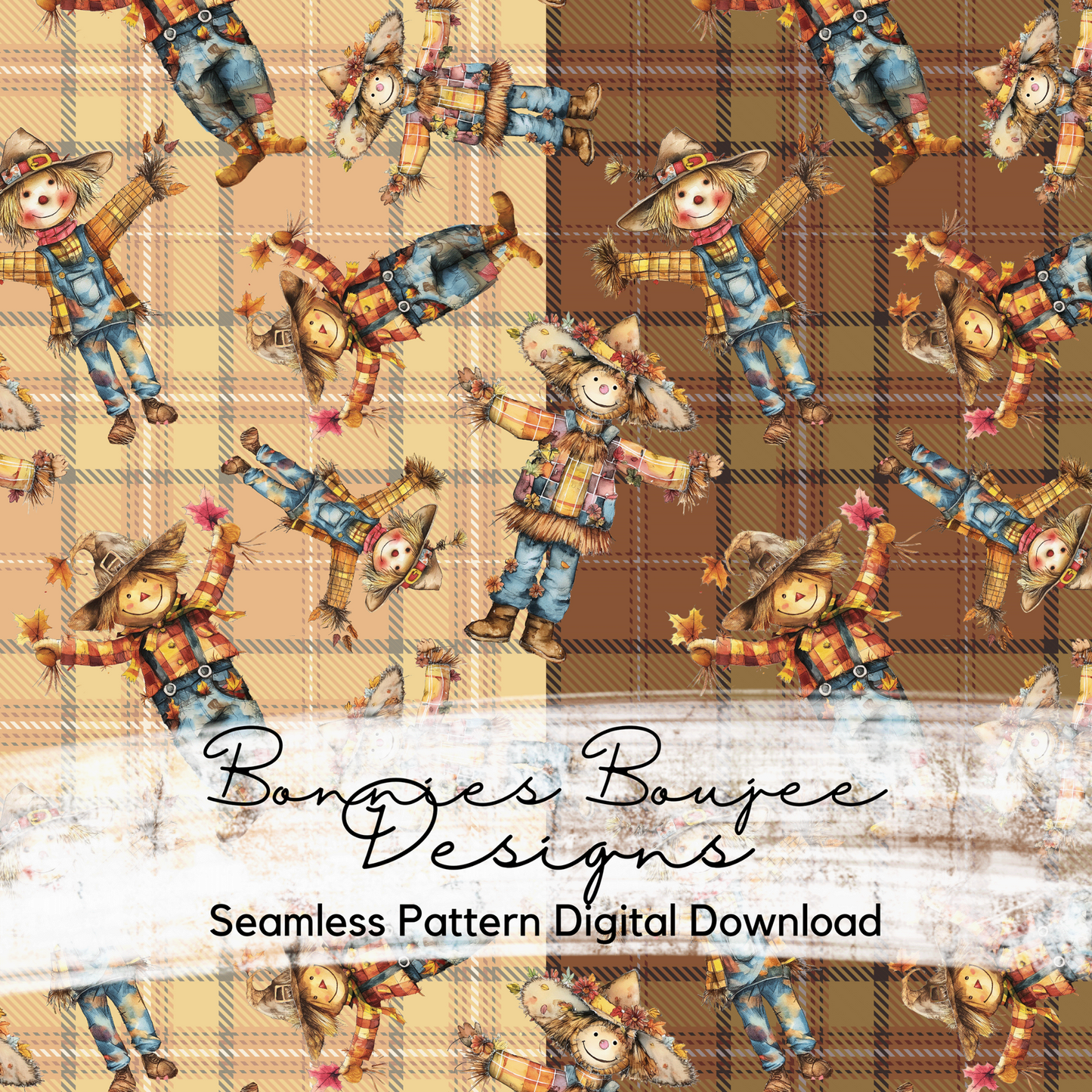 Cute Scarecrows on Fall Plaid Seamless File - Two Colorways