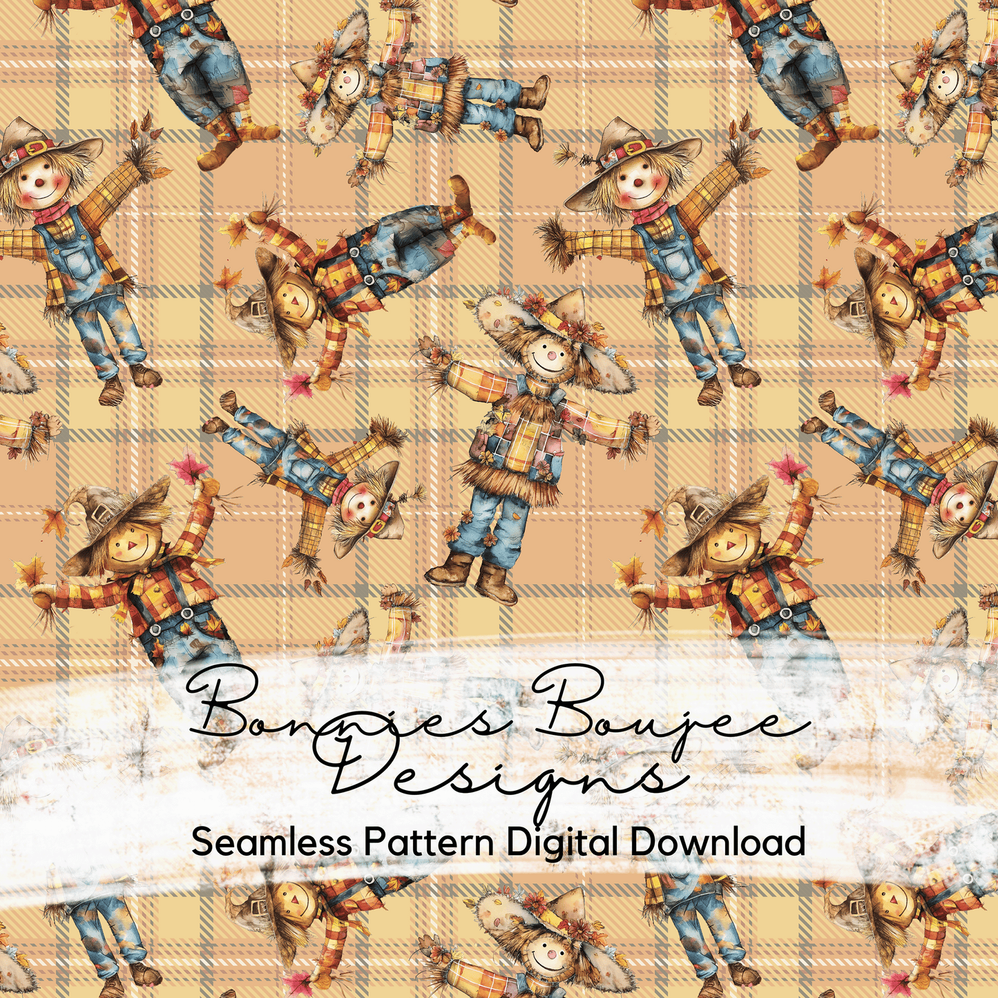 Cute Scarecrows on Fall Plaid Seamless File - Two Colorways