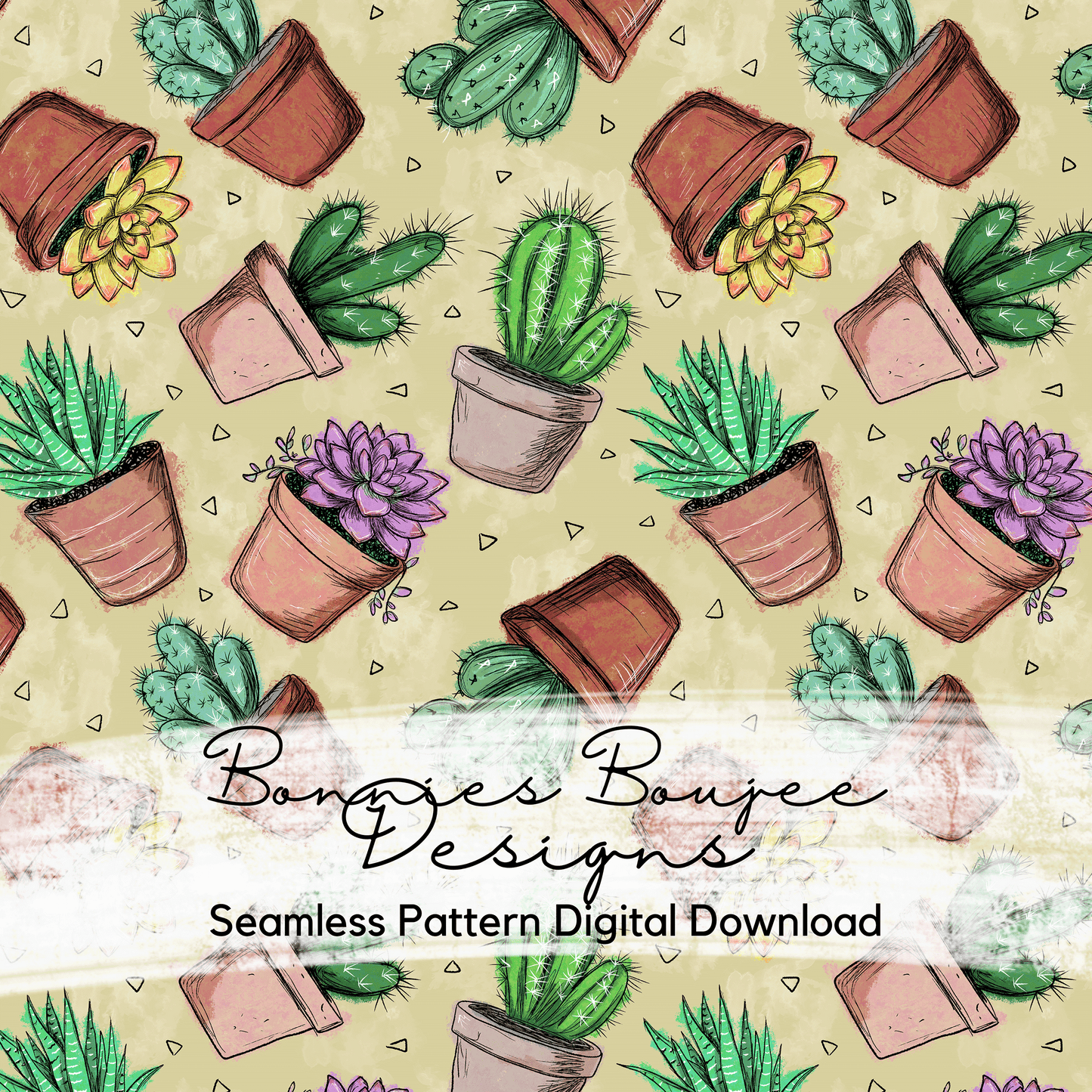 Hand Drawn Succulent Plants Seamless File - 4 Colorways