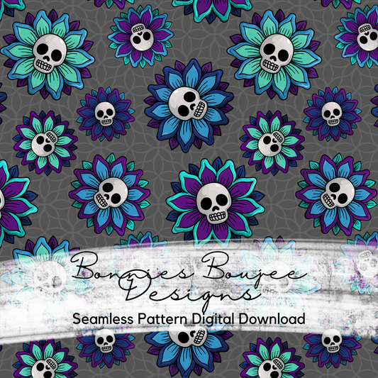 Cartoon Skulls in Flowers on a Grey Background Seamless File