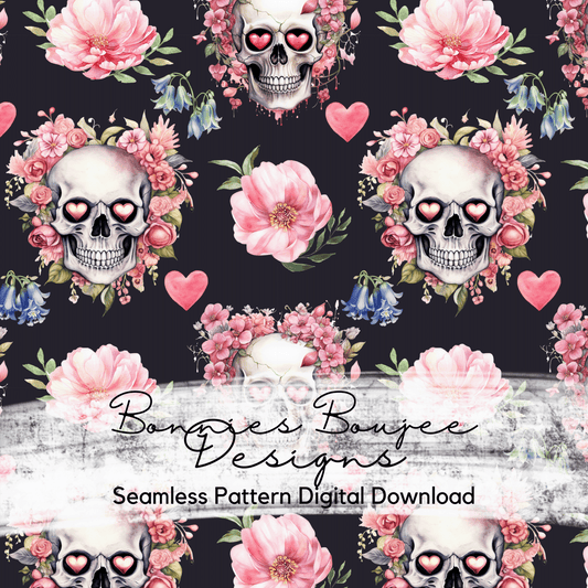 Skulls with Heart Eyes and Flowers Seamless File