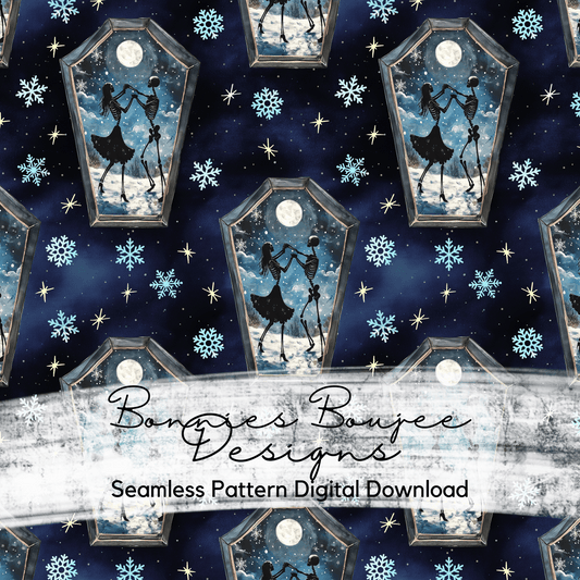 Dancing Skeletons in Winter with Blue and White Watercolor Snowflakes Seamless File