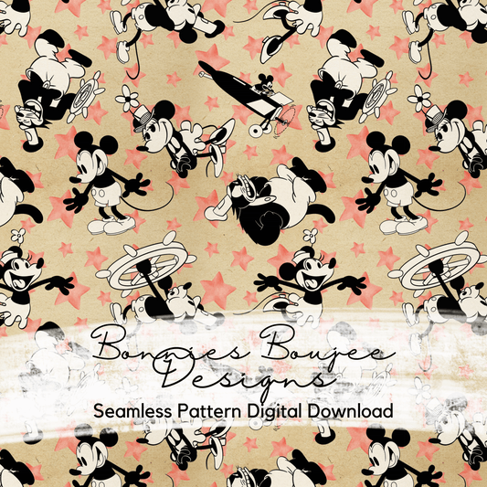 Vintage Steamboat Willie and Pete with Star Background Seamless File