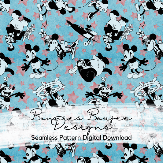 Classic Steamboat Willie and Pete with Vintage Blue Background Seamless File