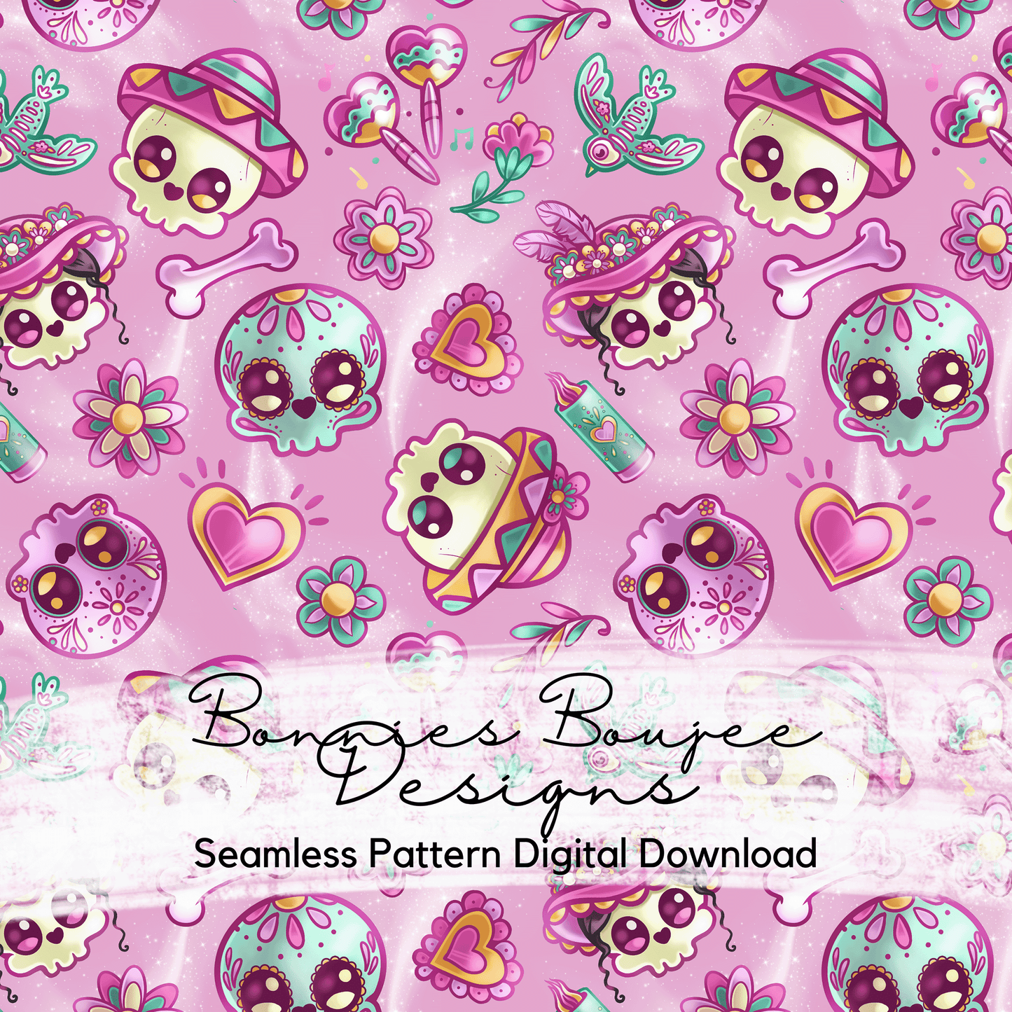 Festive Cute Sugar Skulls Seamless File in Three Colorways