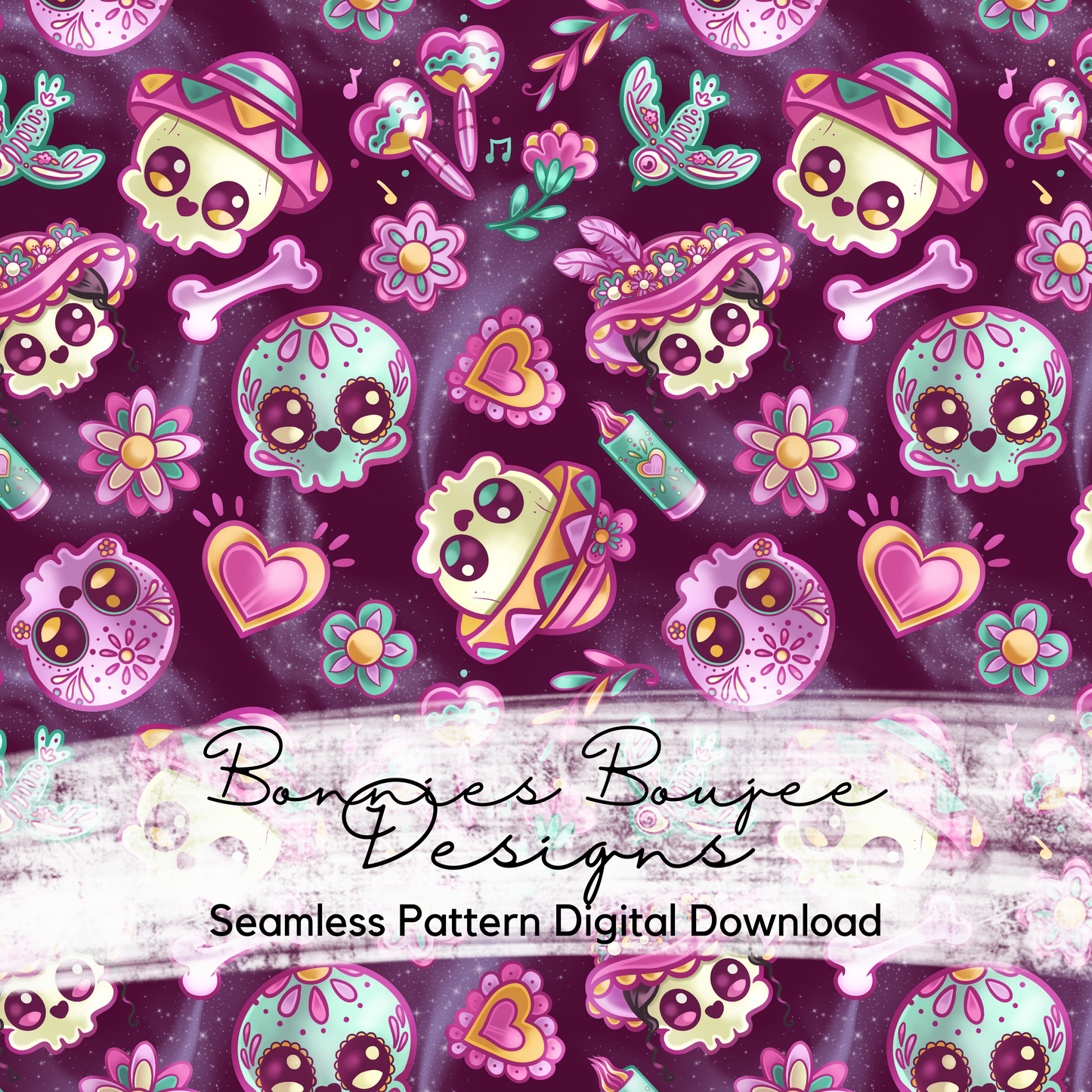 Festive Cute Sugar Skulls Seamless File in Three Colorways