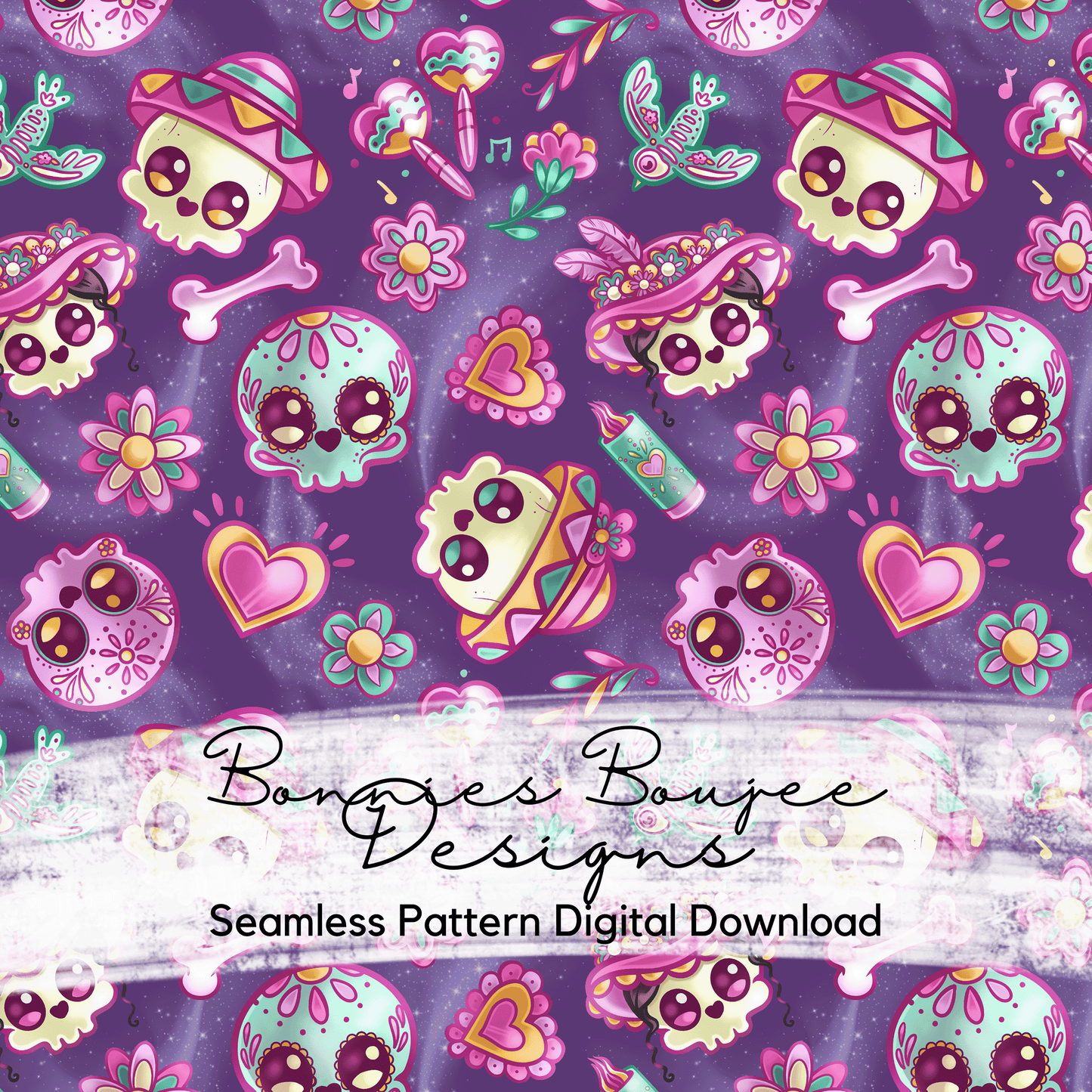 Festive Cute Sugar Skulls Seamless File in Three Colorways