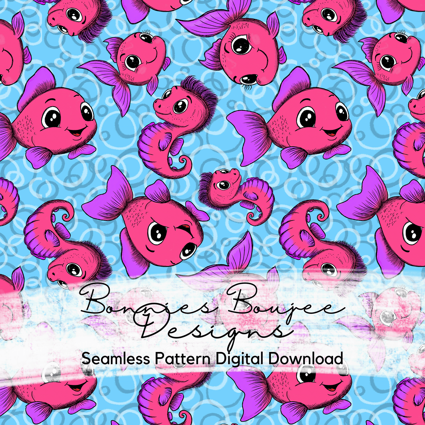 Cute Colorful Fish and Seahorse Hand Drawn Seamless File - Multiple colorways