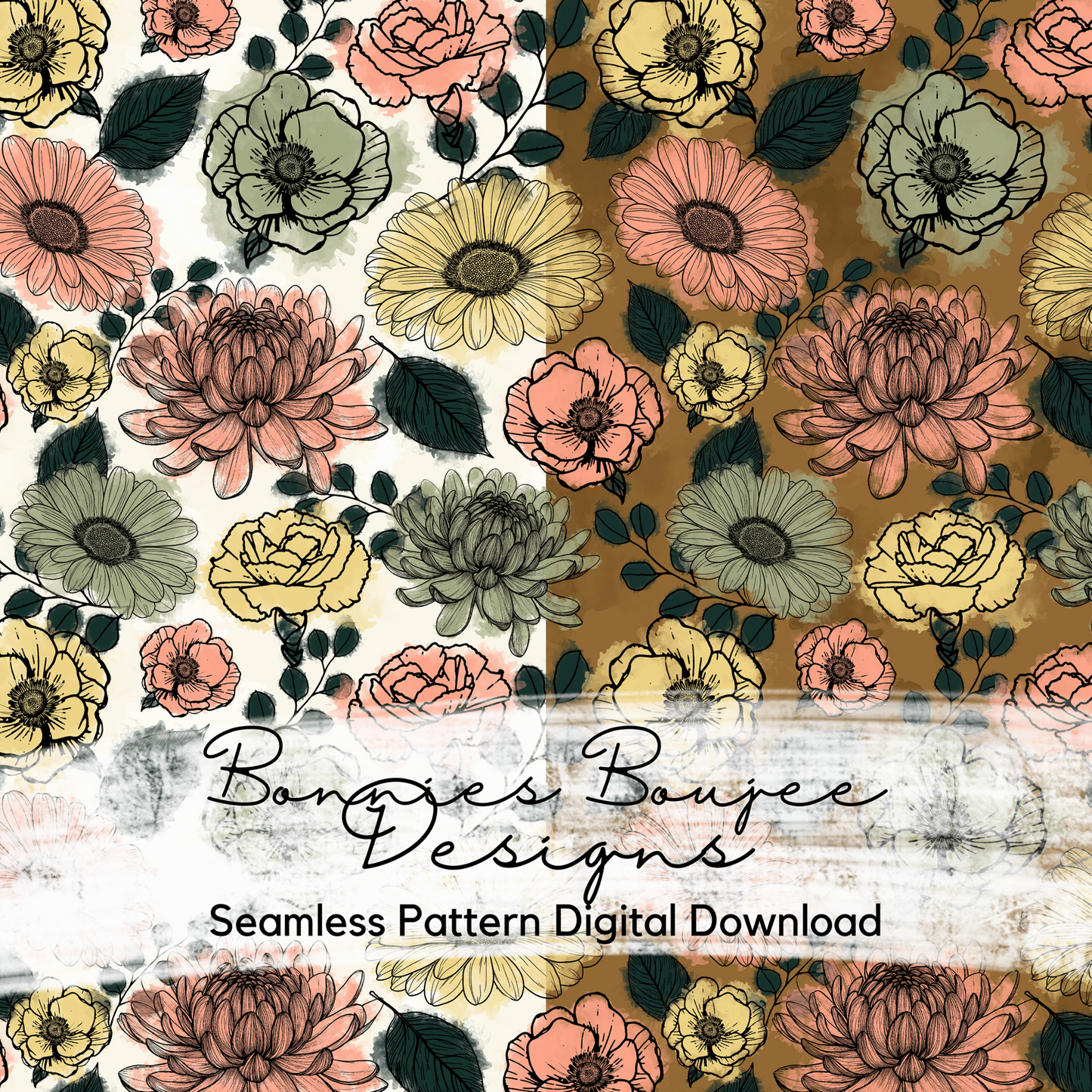 Watercolor Fall Floral Hand Drawn Seamless File - Two Colorways