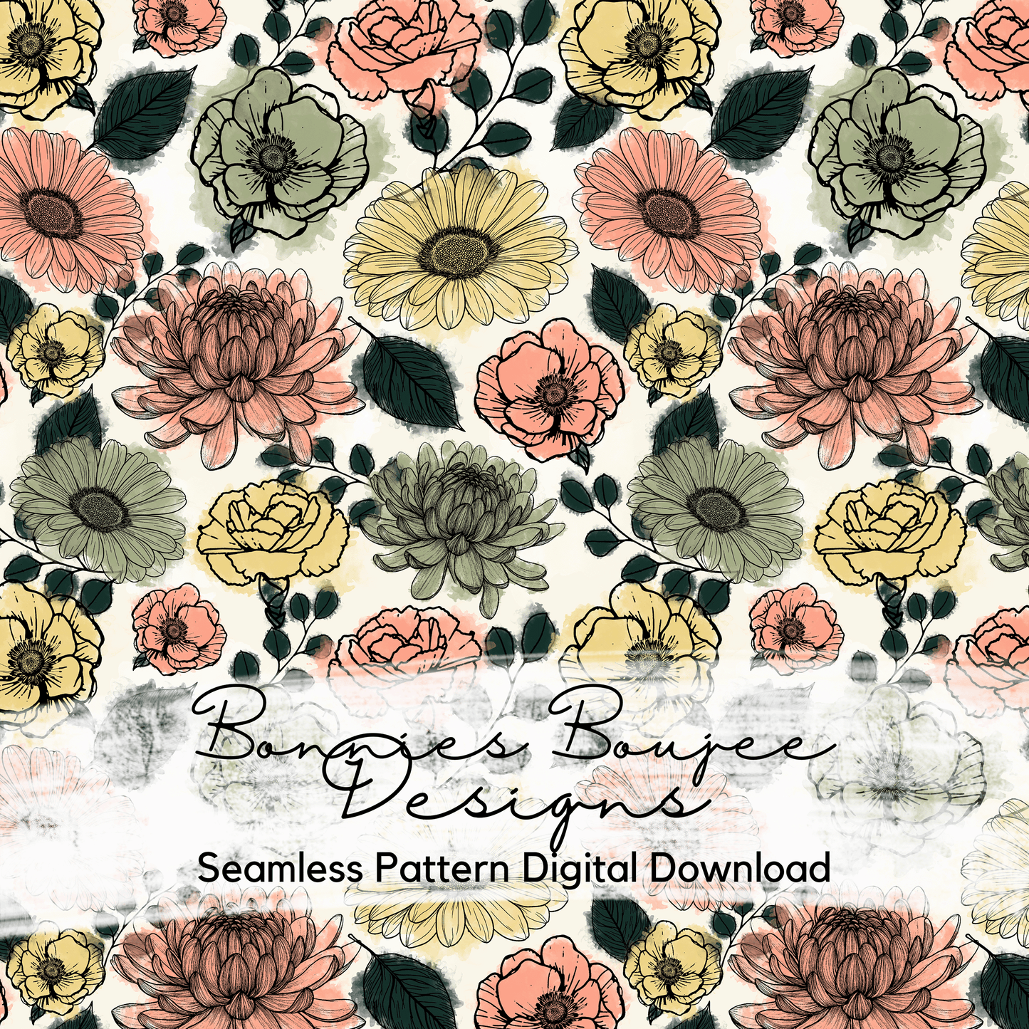 Watercolor Fall Floral Hand Drawn Seamless File - Two Colorways