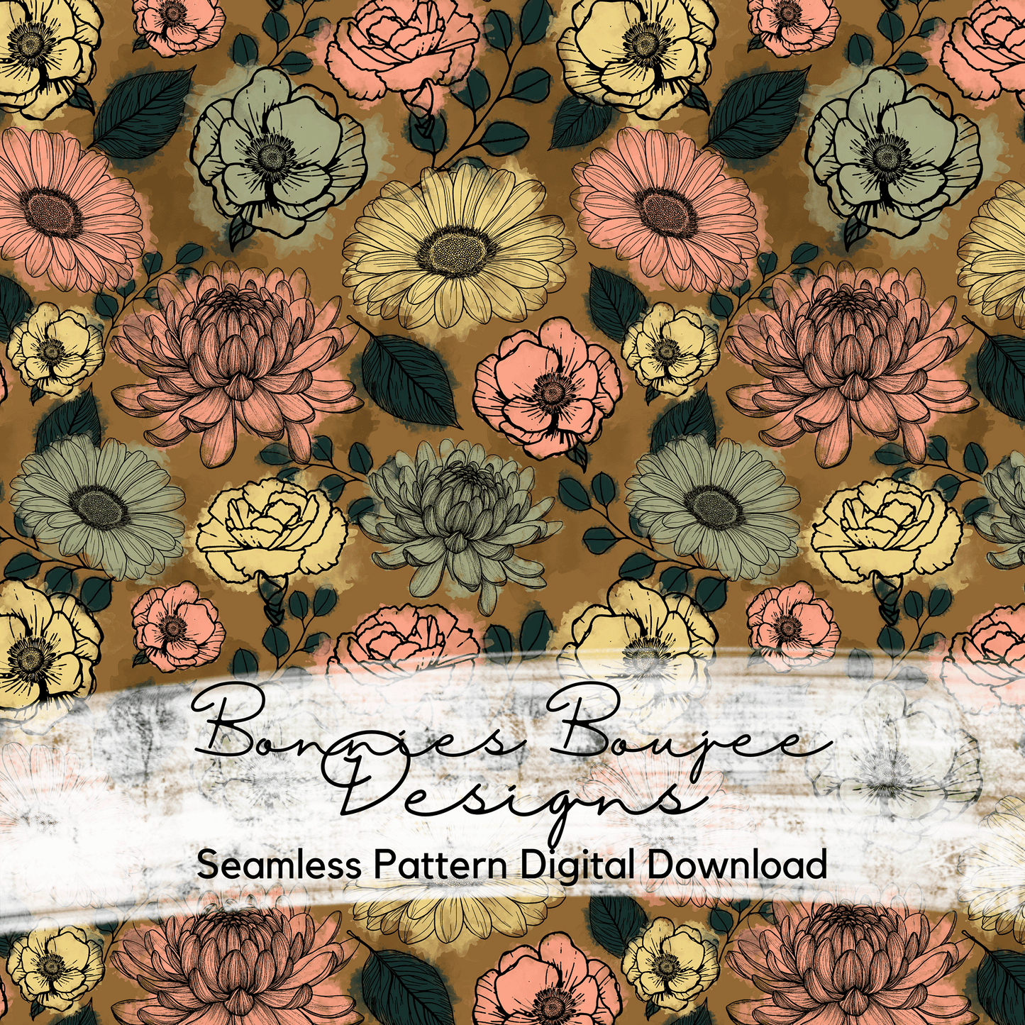 Watercolor Fall Floral Hand Drawn Seamless File - Two Colorways