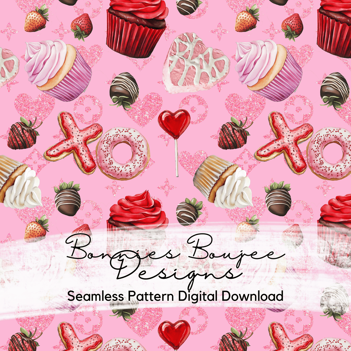 Valentine's Snacks Watercolor with Sparkles Seamless File