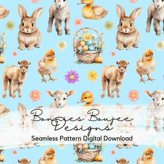 Baby Animals for Easter Watercolor Style on a Blue Background Seamless File