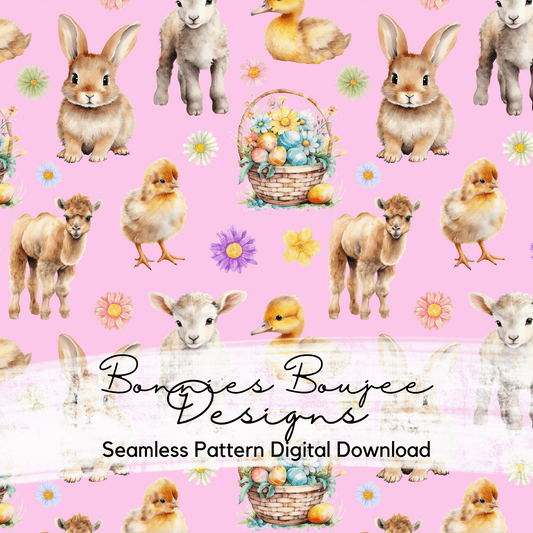 Baby Animals for Easter Watercolor Style on a Pink Background Seamless File