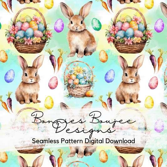 Easter Baskets and Bunnies Watercolor Style on a Green Background Seamless File