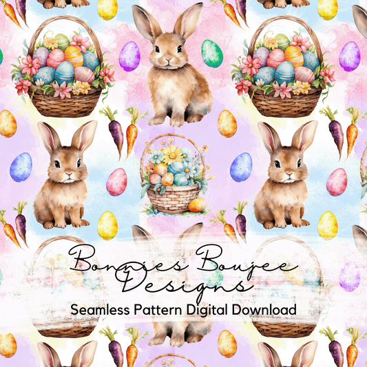 Easter Baskets and Bunnies Watercolor Style on a Pink Background Seamless File