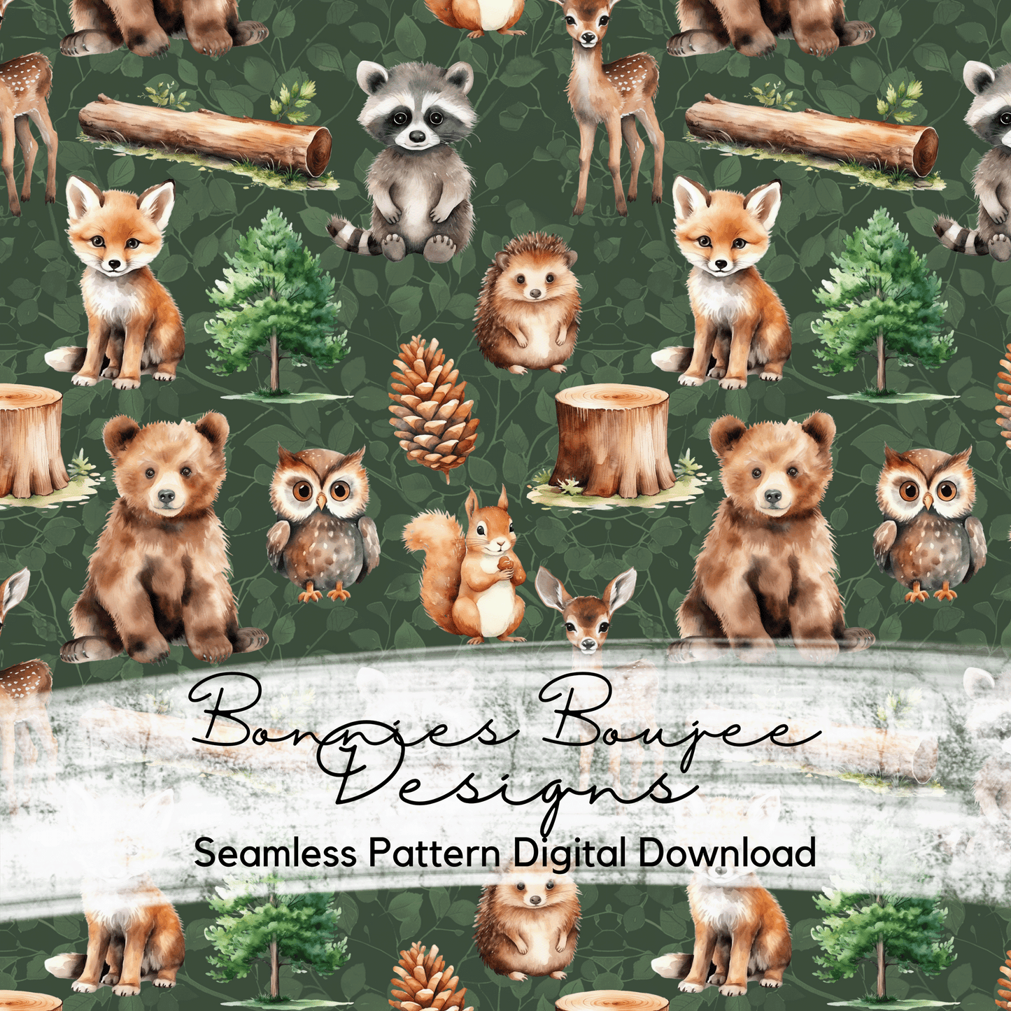 Watercolor Forest Animals with a Bear Seamless files - Two colorways