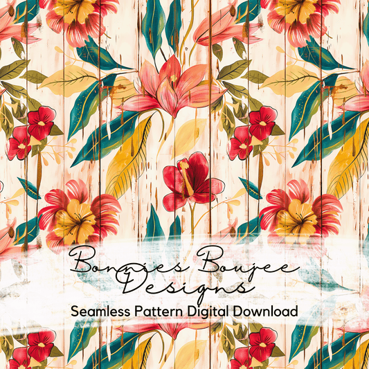 Tropical Floral with Foliage on Whitewashed Wood Texture Seamless File