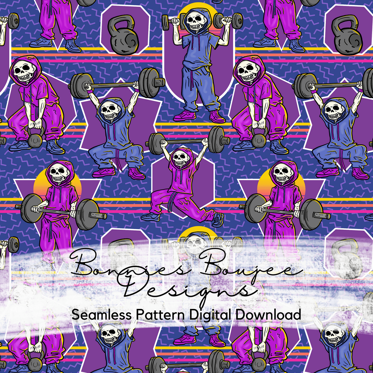 Hand Drawn Workout Skeleton Seamless File in multiple colorways