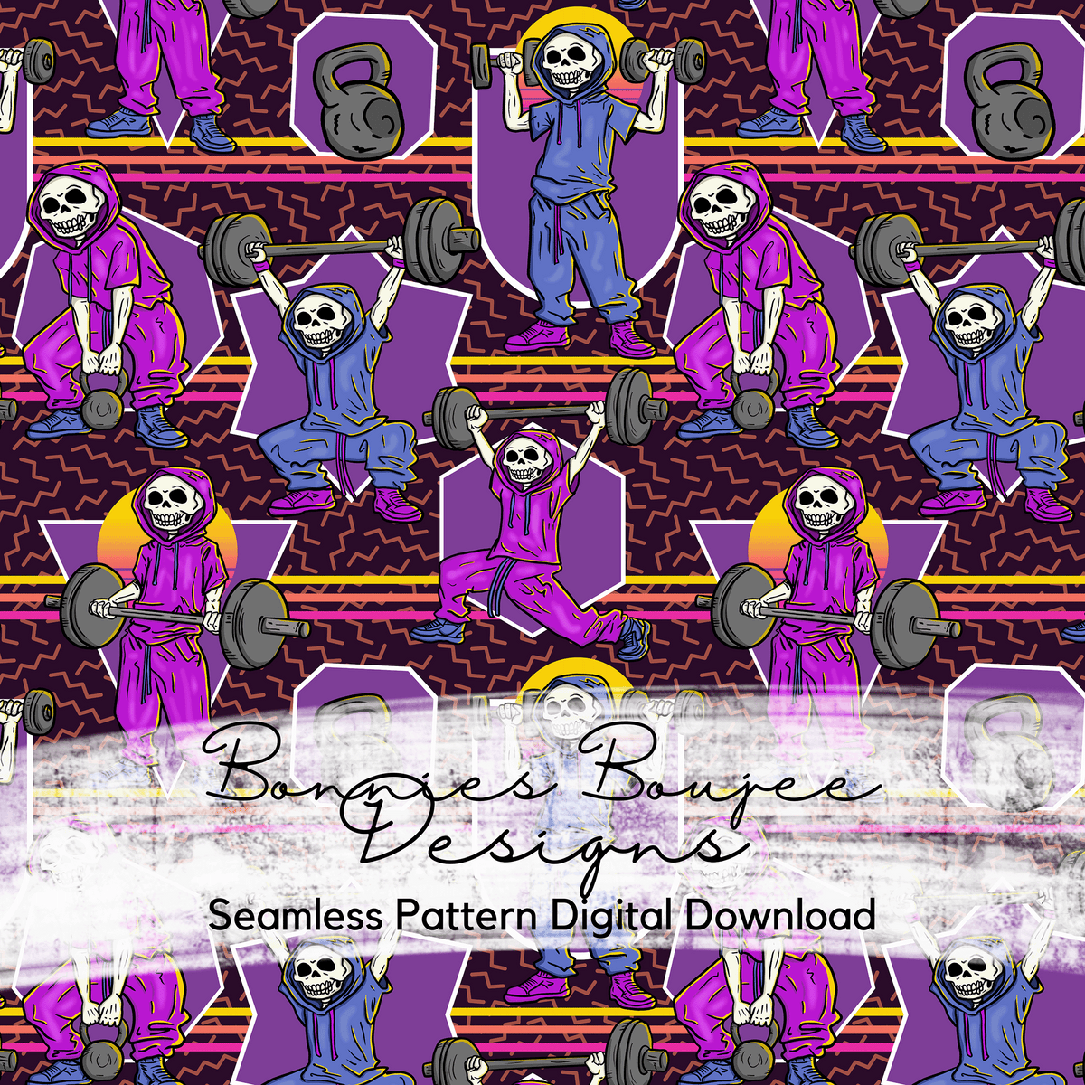 Hand Drawn Workout Skeleton Seamless File in multiple colorways