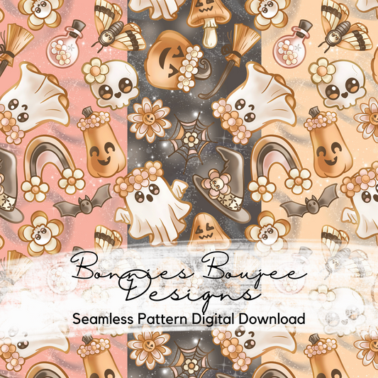 Boho Floral Cute Ghosts Seamless File in Three Colorways