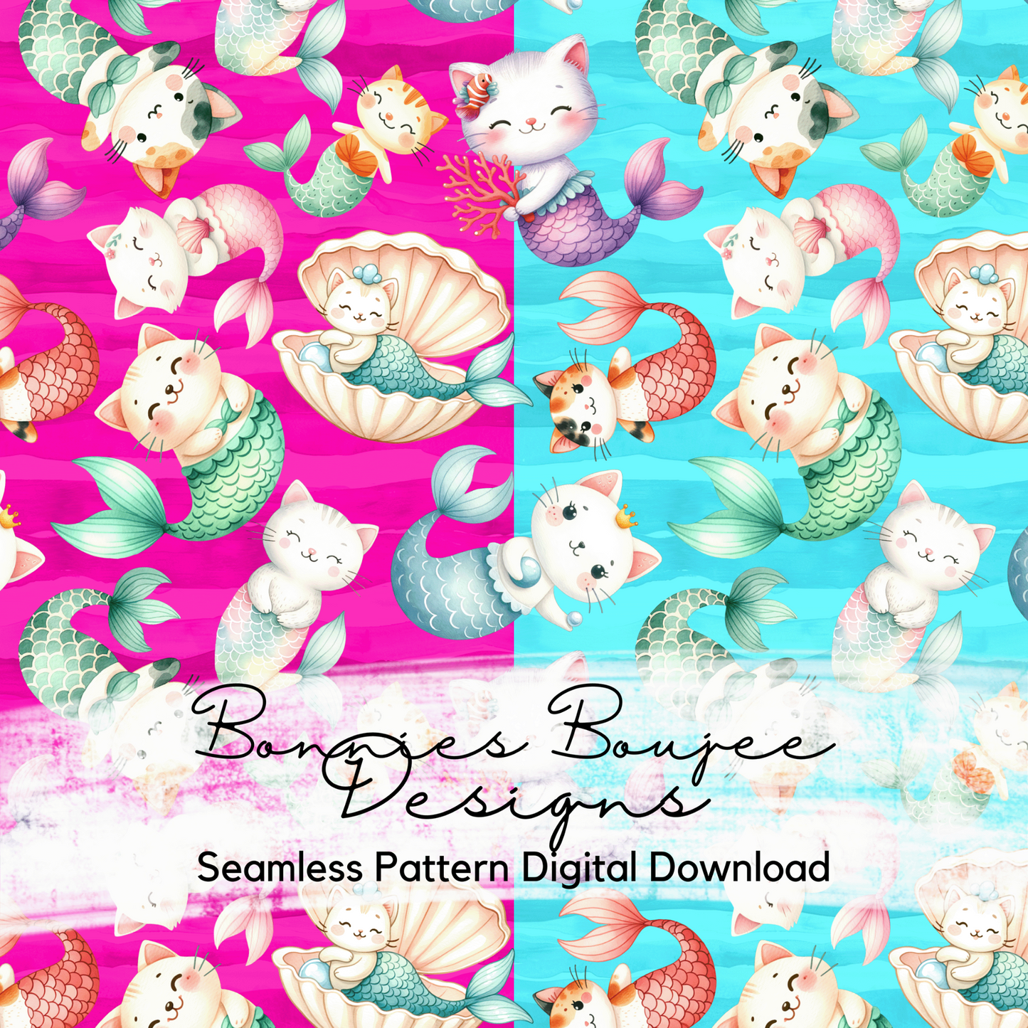 Cat Mermaids Bundle with one on a SWIM SAFE background Seamless file