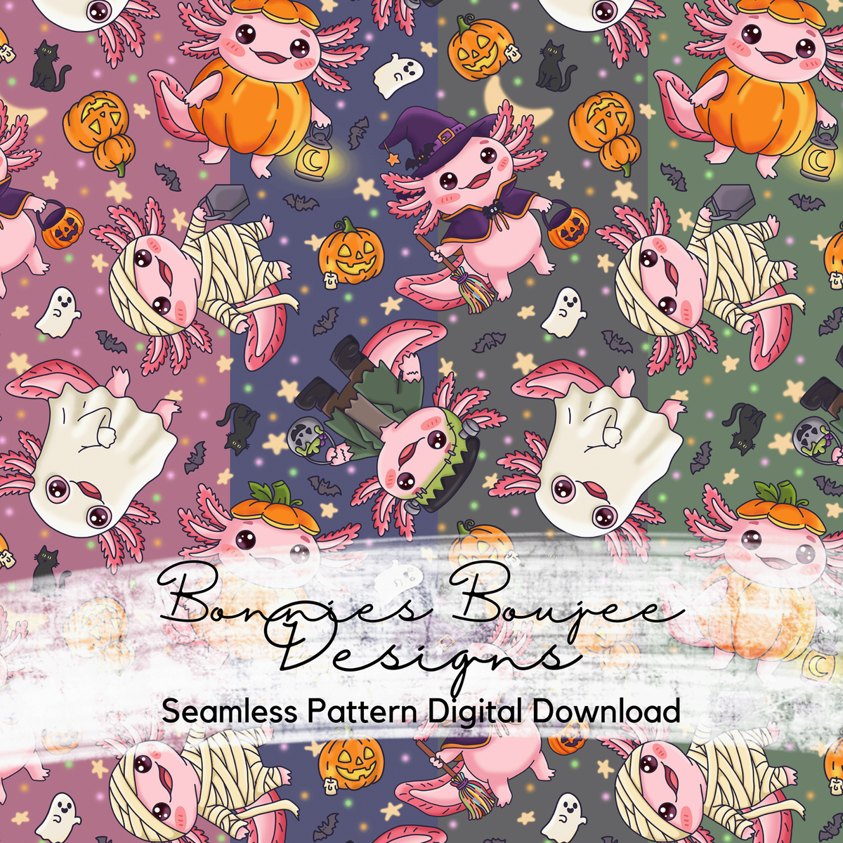 Cute Hand Drawn Axolotl Halloween Seamless File in Four Colorways