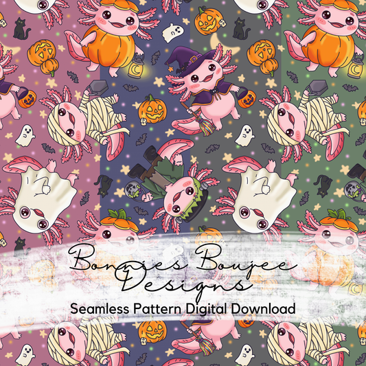 Cute Hand Drawn Axolotl Halloween Seamless File in Four Colorways