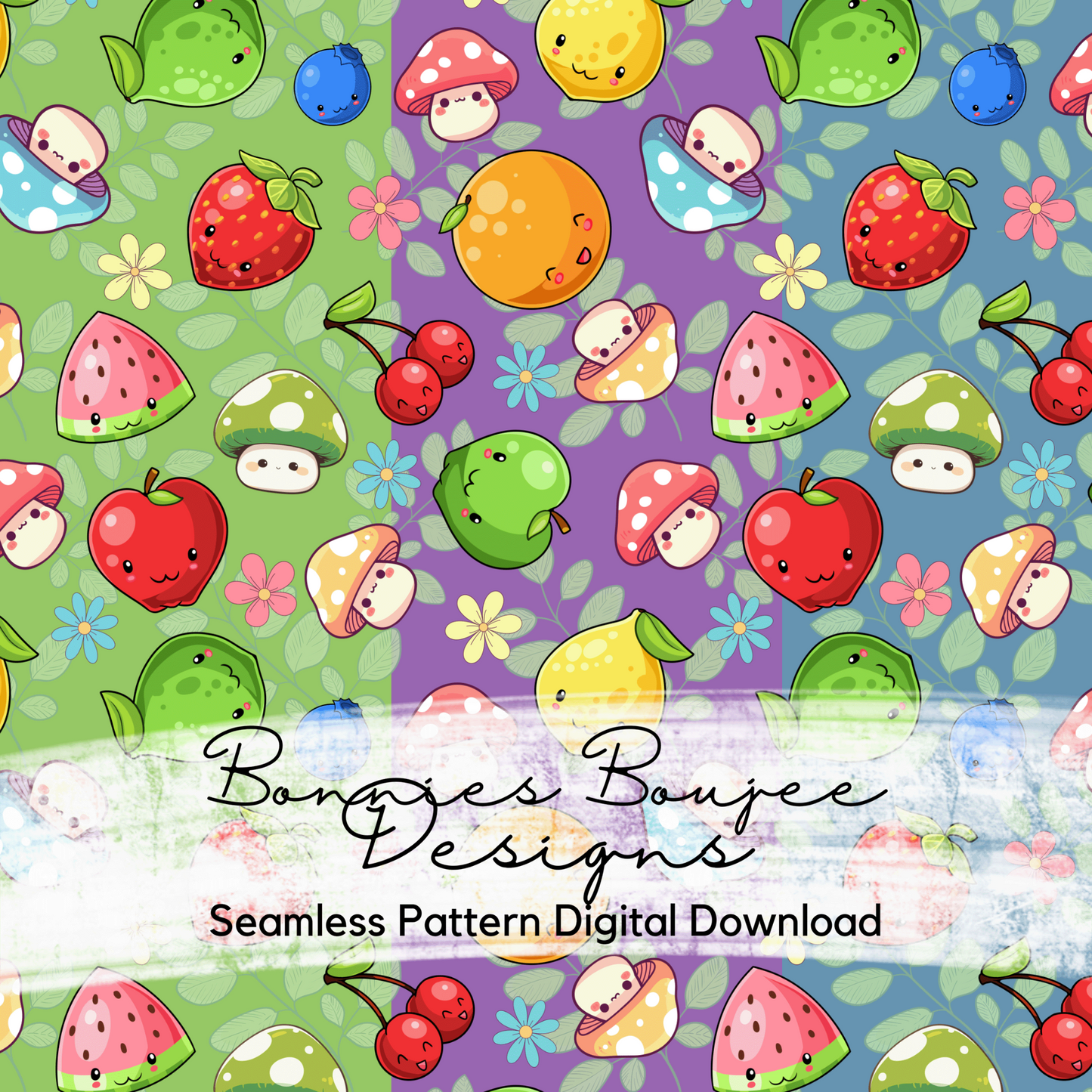 Kawaii Style Fruit with Cute Mushrooms Seamless File in Three Colorways