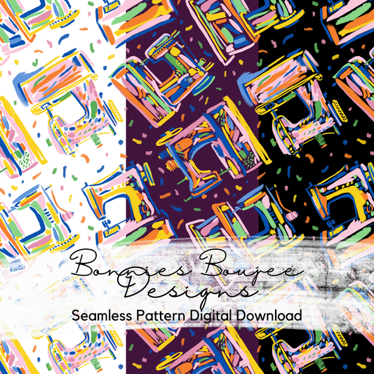 Hand Drawn Seamstress Sewing Machine Seamless File in Three Colorways